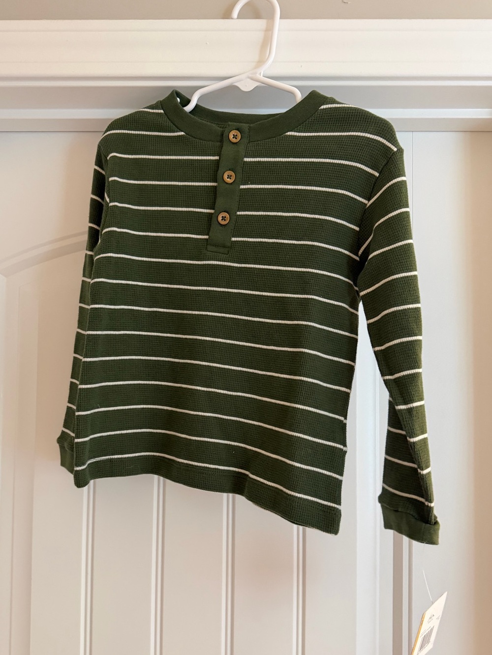 Little Me Olive Green & Cream Striped Henley Long Sleeve